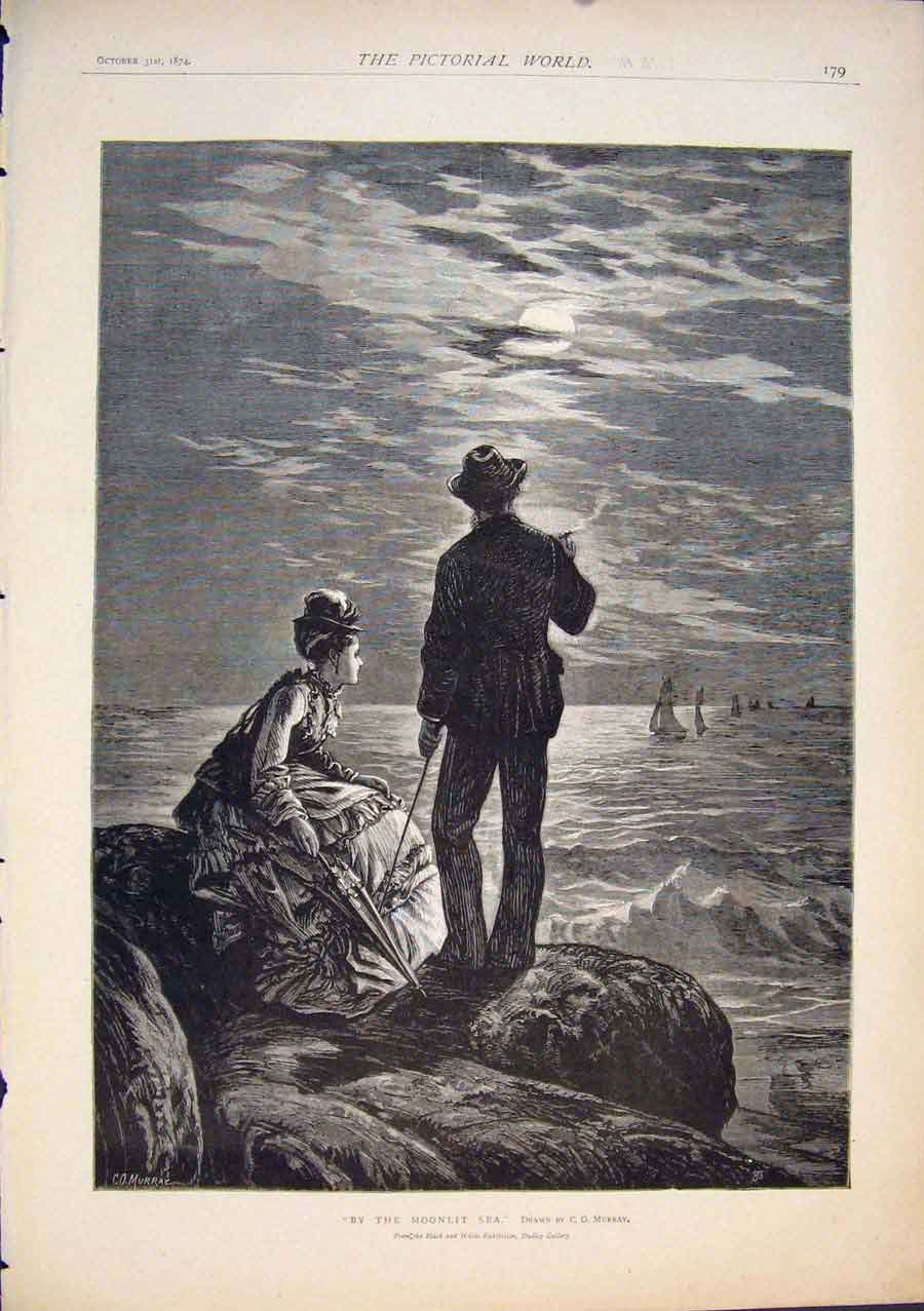 Original Old Antique Print Moonlit Sea Moon Murray Fine Art 1874 19th