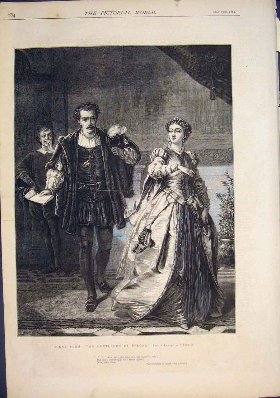 Original Old Antique Print Dicksee Gentlemen Verona Theatre London 1874 19th