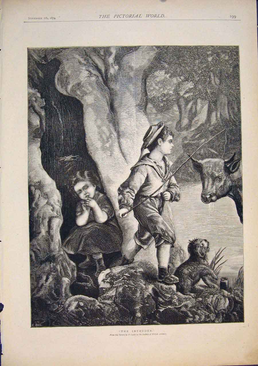 Original Old Antique Print The Intruder Levin Children Fishing Dog Cow Fine Art