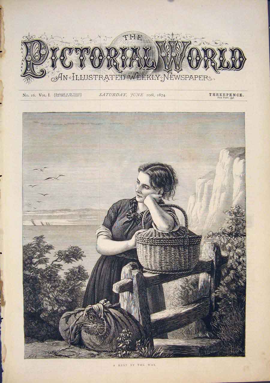 Original Old Antique Print Rest Lady Basket Beach Cliffs Fine Art 1874 Victorian