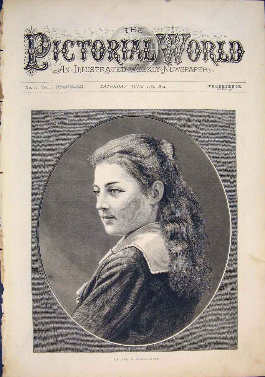Original Old Antique Print Portrait La Belle Americaine American Lady Fine Art