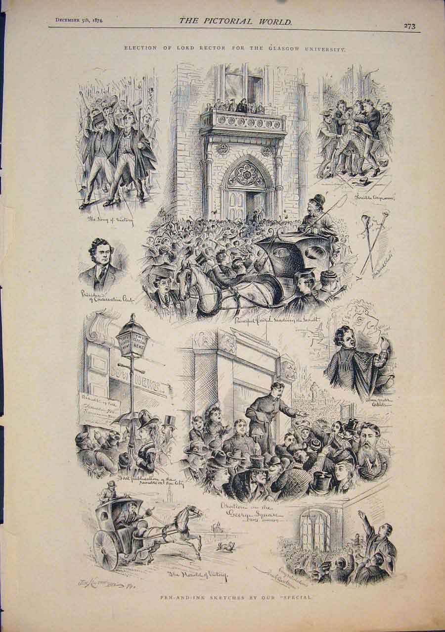 Original Old Antique Print Sketches Election Rector Glasgow University 1874 19th