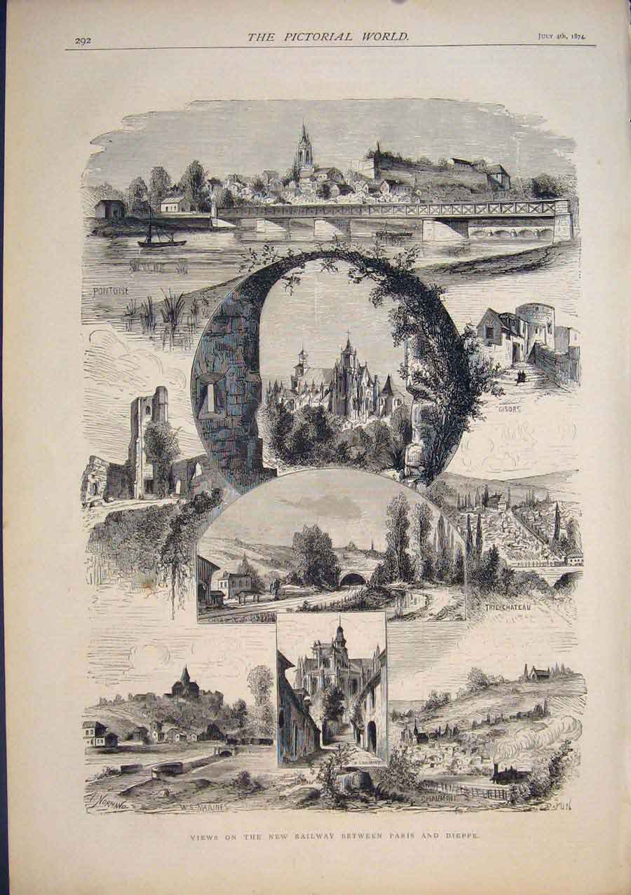 Original Old Antique Print Railway Paris Dieppe Views 1874 19th