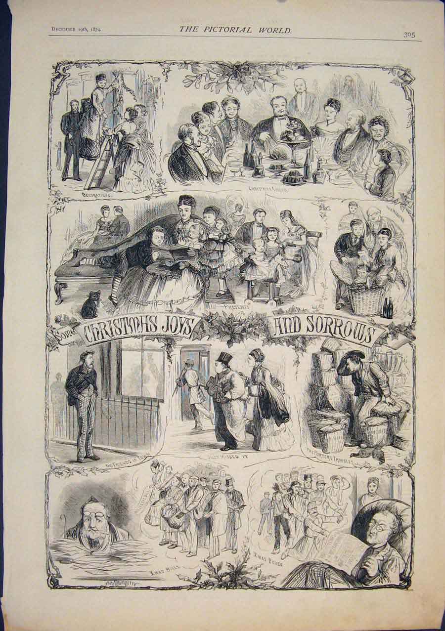 Original Old Antique Print Christmas Joys Celebrations Sorrows Sketches 1874