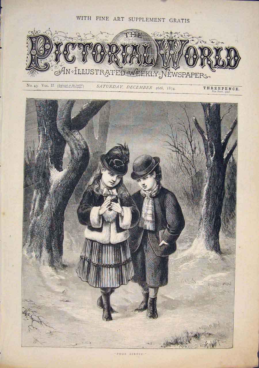 Original Old Antique Print Poor Birdie Bird Children Child Snow Fine Art 1874