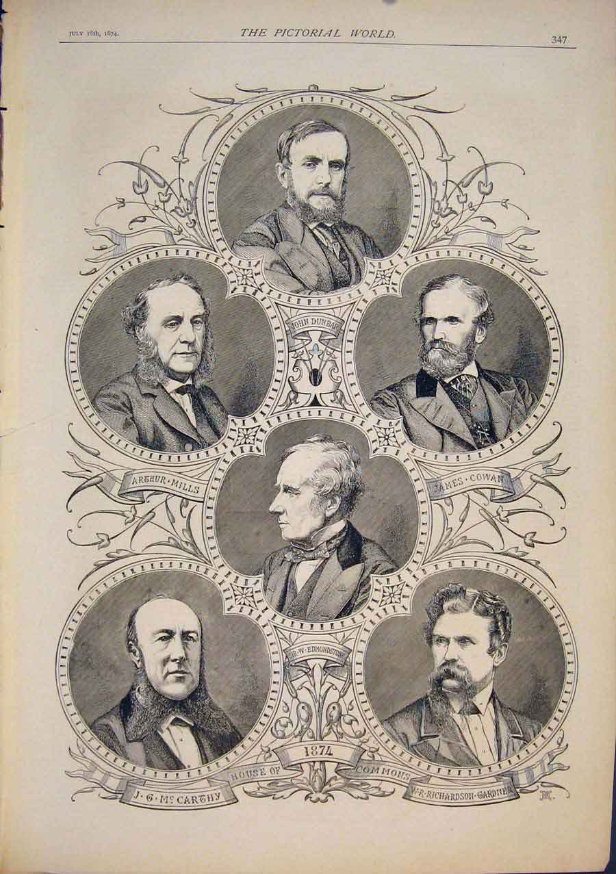 Original Old Antique Print Portrait House Commons Dunbar Cowan Mills 1874 19th