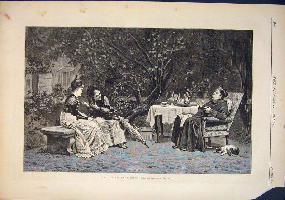 Original Old Antique Print Shocking Depravity Vibert Garden Fine Art 1874 19th
