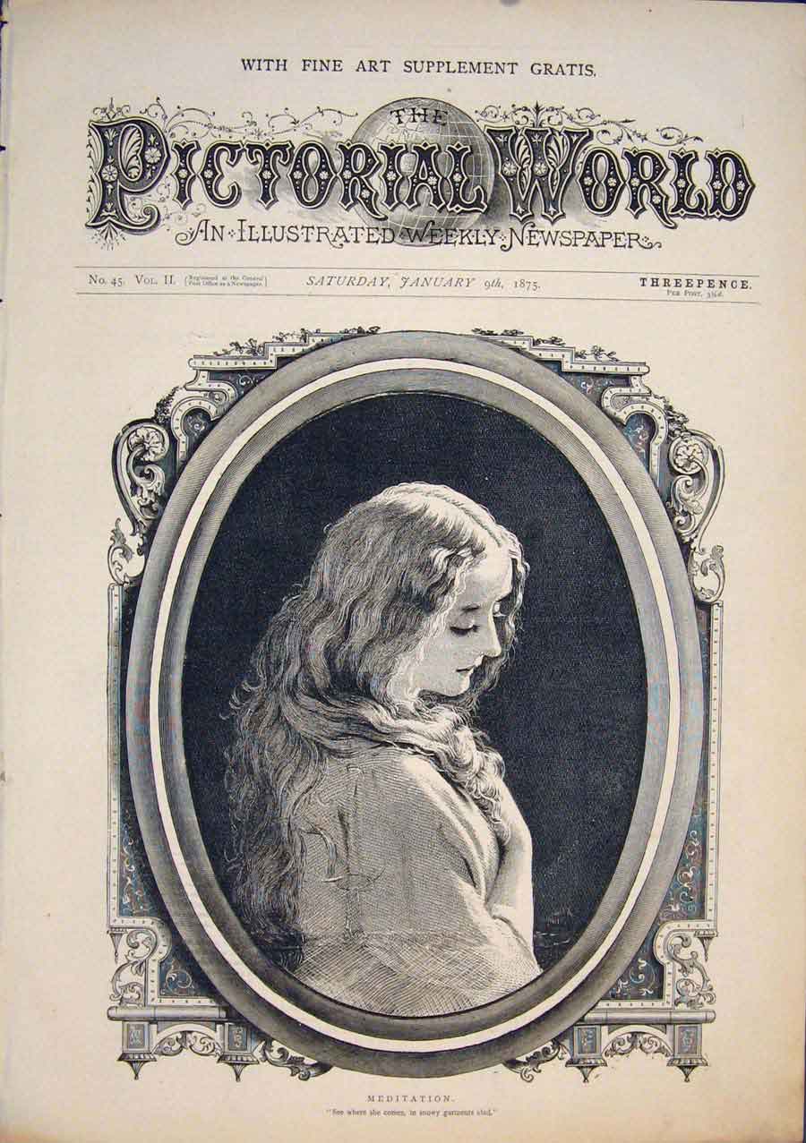 Original Old Antique Print Portrait Meditation Young Girl Fine Art 1875 19th