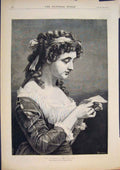 Original Old Antique Print Interesting Letter Lady Fine Art 1875 19th