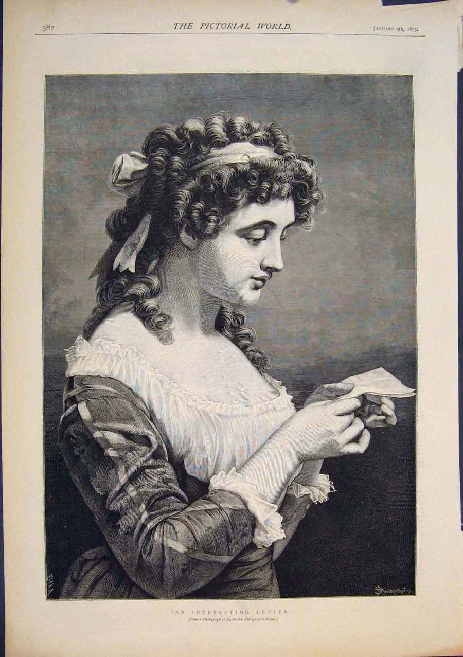 Original Old Antique Print Interesting Letter Lady Fine Art 1875 19th