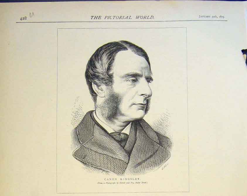 Original Old Antique Print Portrait Canon Kingsley 1875 19th Century