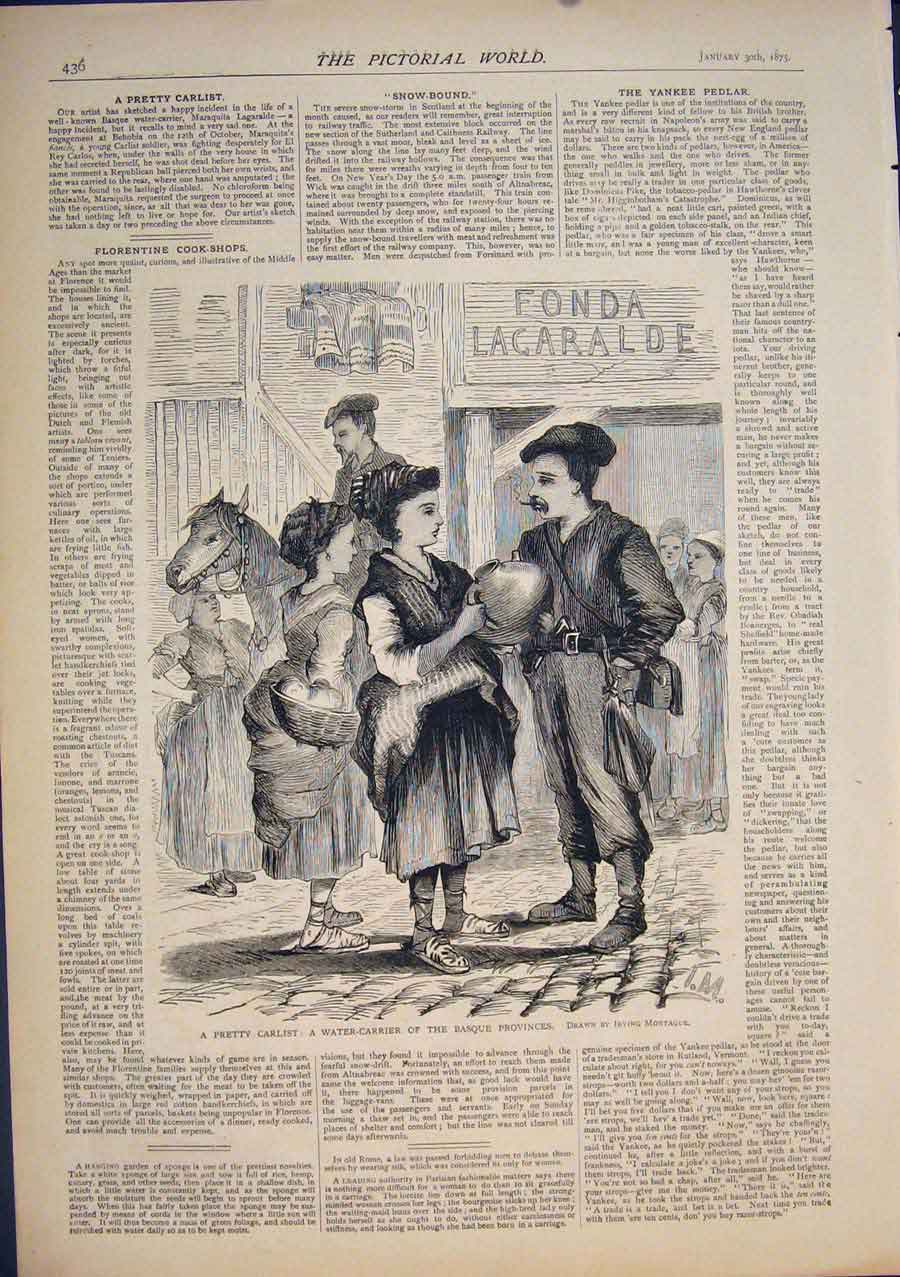 Original Old Antique Print Pretty Carlist Basque Water Carrier Montague1875 19th