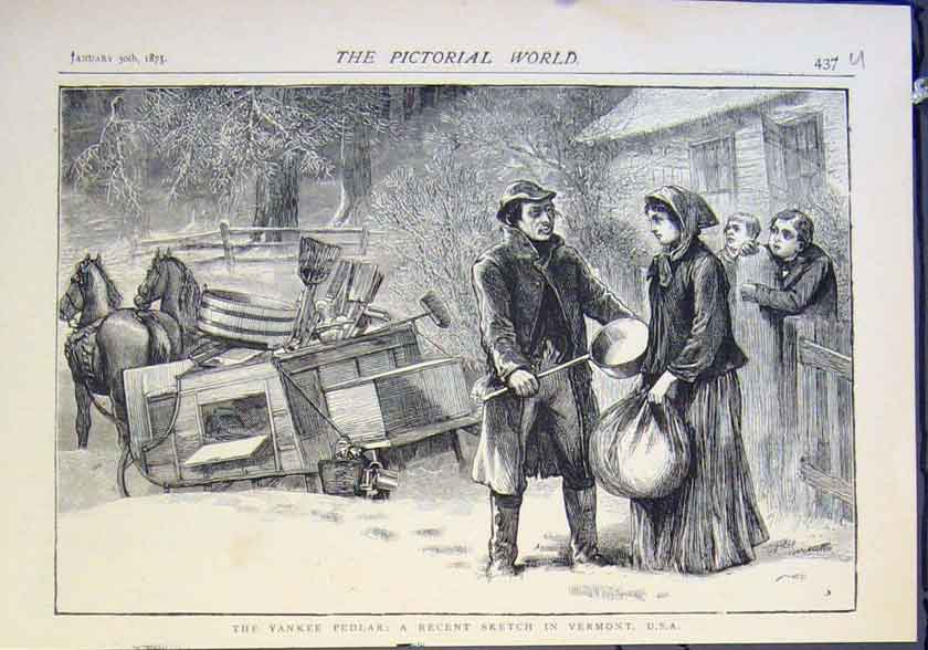 Original Old Antique Print Yankee Pedlar Vermont United States 1875 Victorian