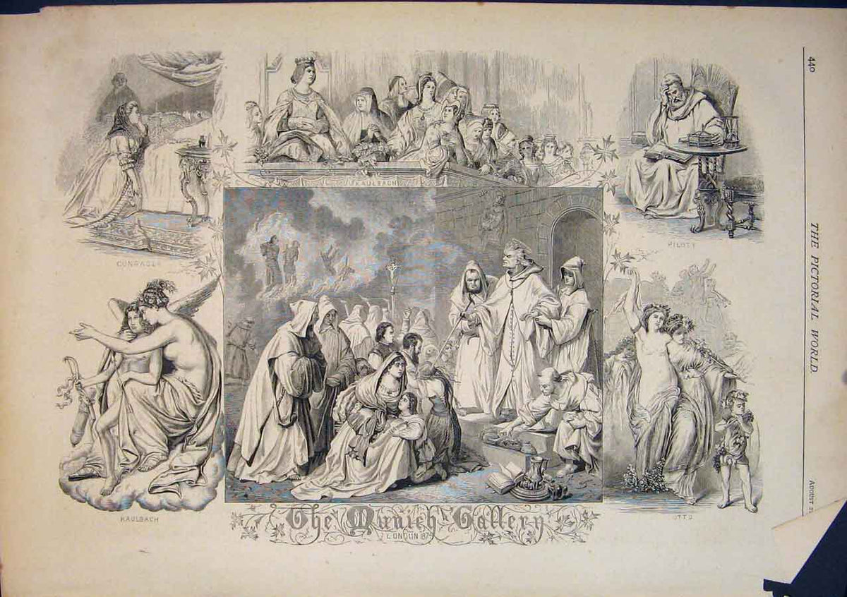 Original Old Antique Print Munich Gallery London Kaulbach Otto Piloty Conrader