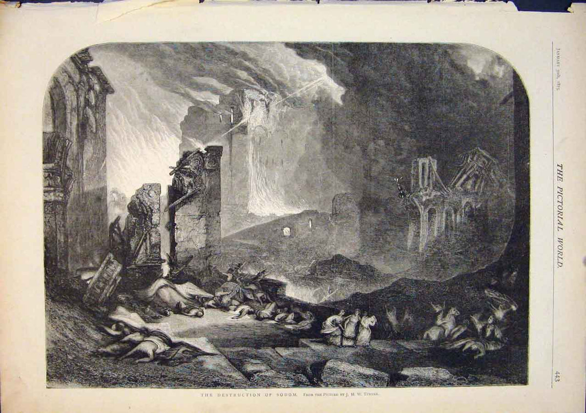 Original Old Antique Print Sodom Destruction Turner Fine Art 1875 19th