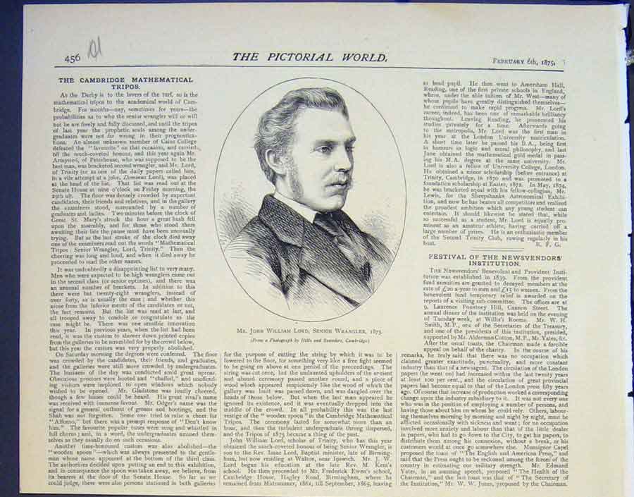 Original Old Antique Print Portrait Lord Senior Wrangler 1875 19th