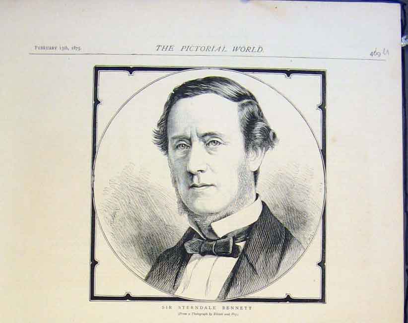 Original Old Antique Print Portrait Sir Sterndale Bennett 1875 19th