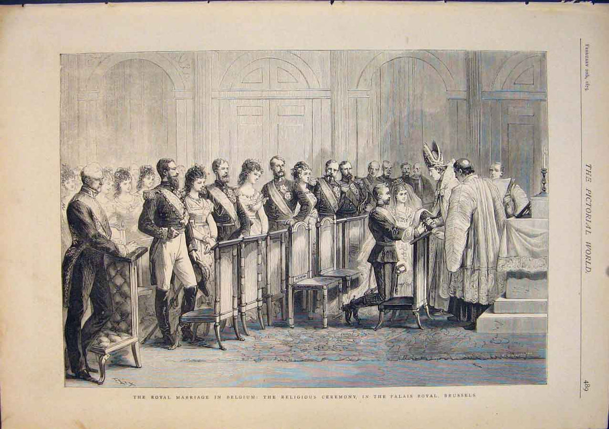 Original Old Antique Print Royal Marriage Belgium Brussels Ceremony 1875 19th