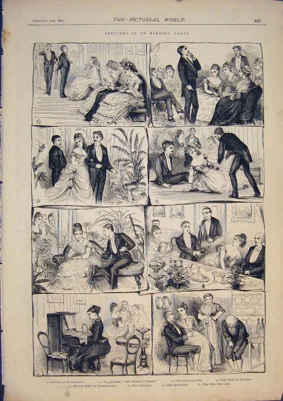 Original Old Antique Print Sketches Evening Party Fine Art 1875 19th