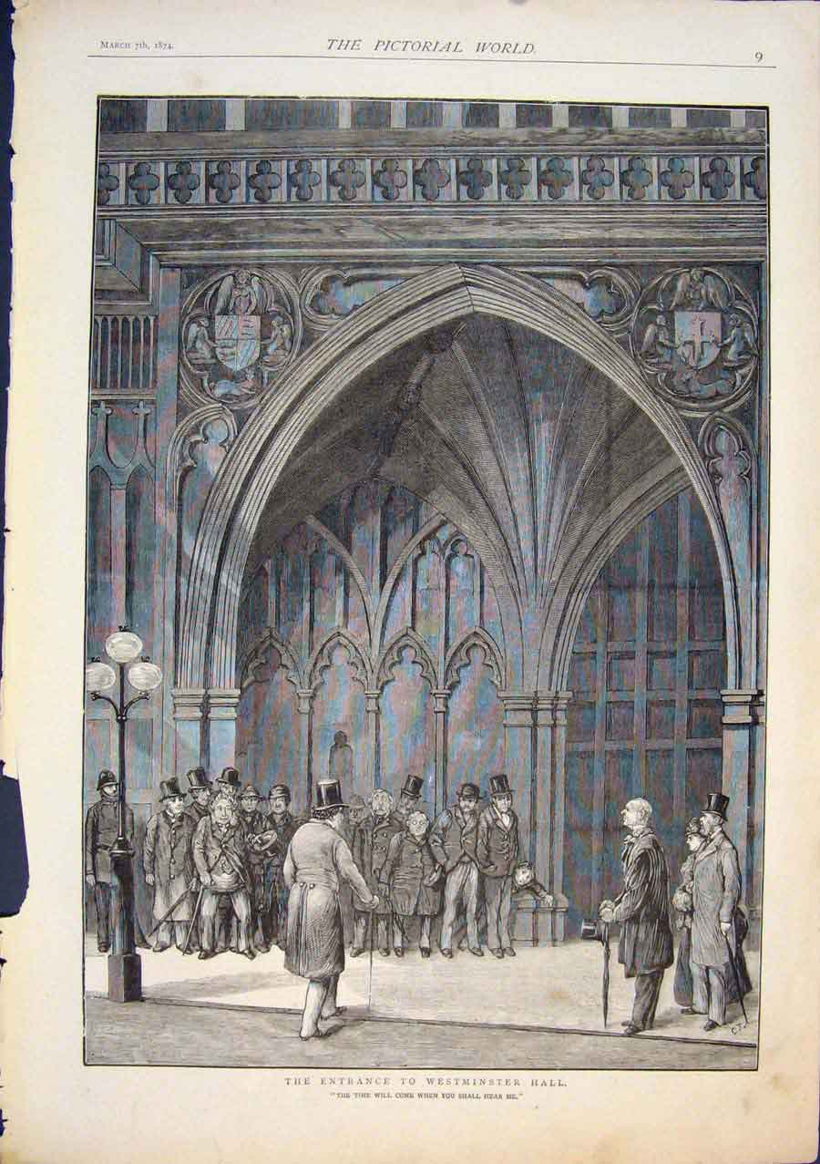 Original Old Antique Print Westminster Hall Entrance London 1874 19th