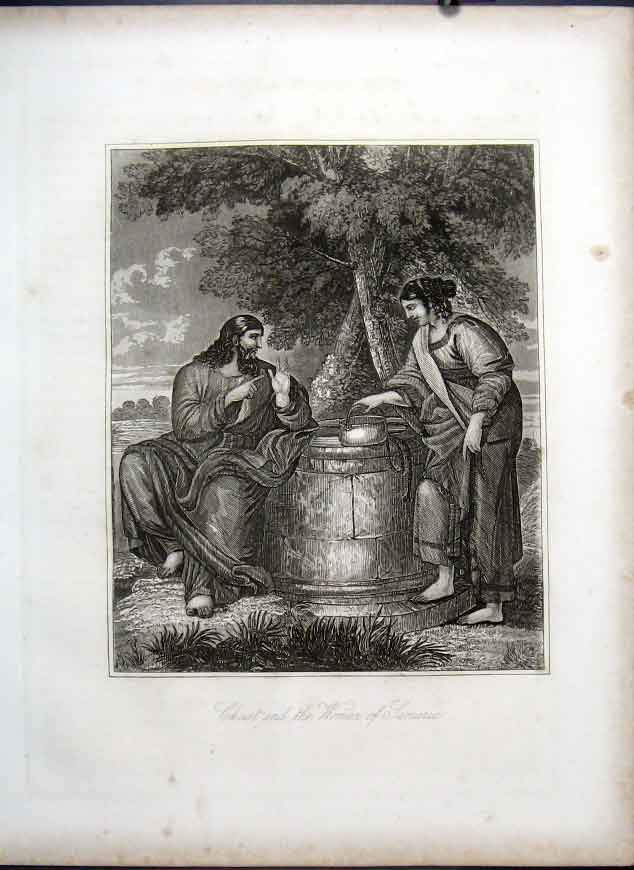 Original Old Antique Print Christ & Woman Samaria Life Jesus Christ 1863 19th