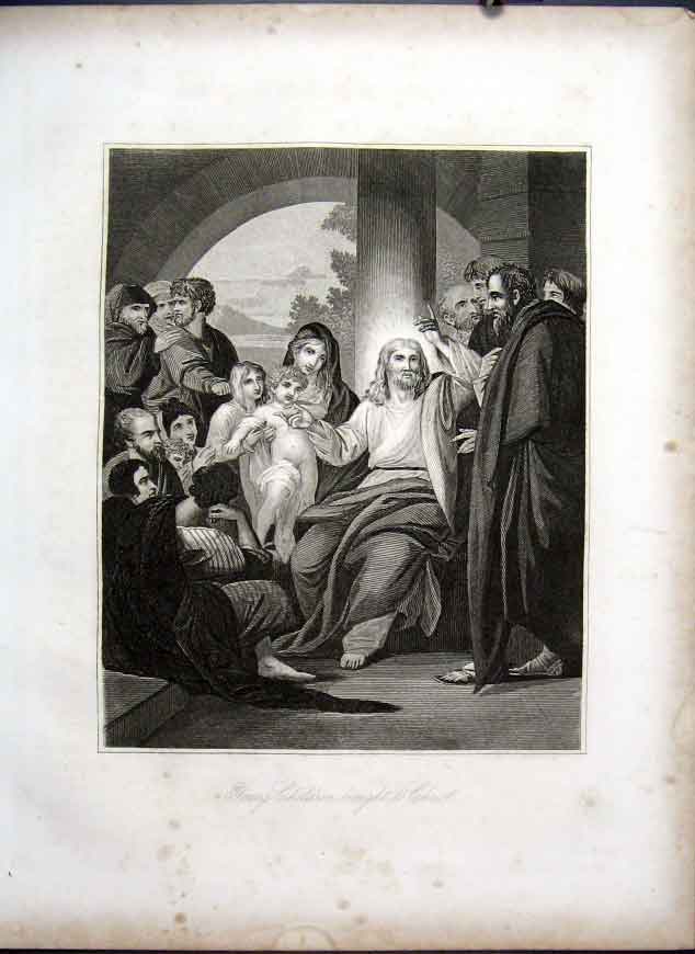 Original Old Antique Print Children Brought To Christ Life Jesus Christ 1863