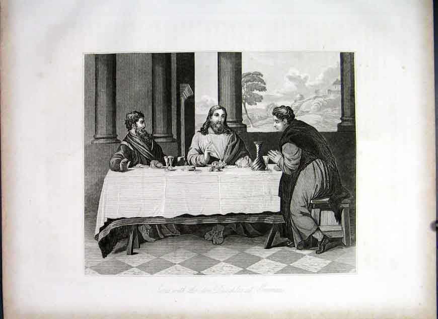 Old Antique Print Jesus & Two Disciples At Emmaus Life Jesus Christ 1863 19th