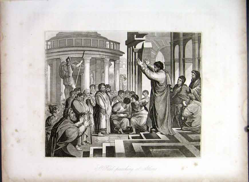 Original Old Antique Print St Paul Preaching At Athens Life Jesus Christ 1863