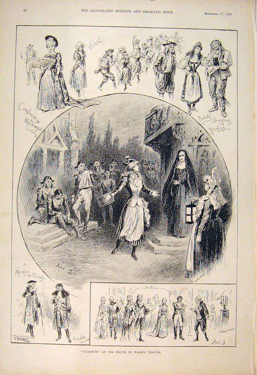 Original Old Antique Print Cigarette Prince Wales Theatre Scenes London 1892