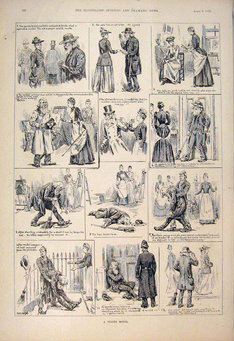 Original Old Antique Print Sketches Model Artist Story 1892 19th