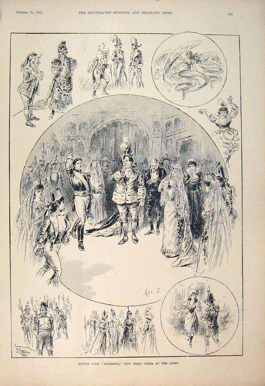 Old Antique Print Incognita Lyric Theatre Scenes Comic Opera London 1892 19th