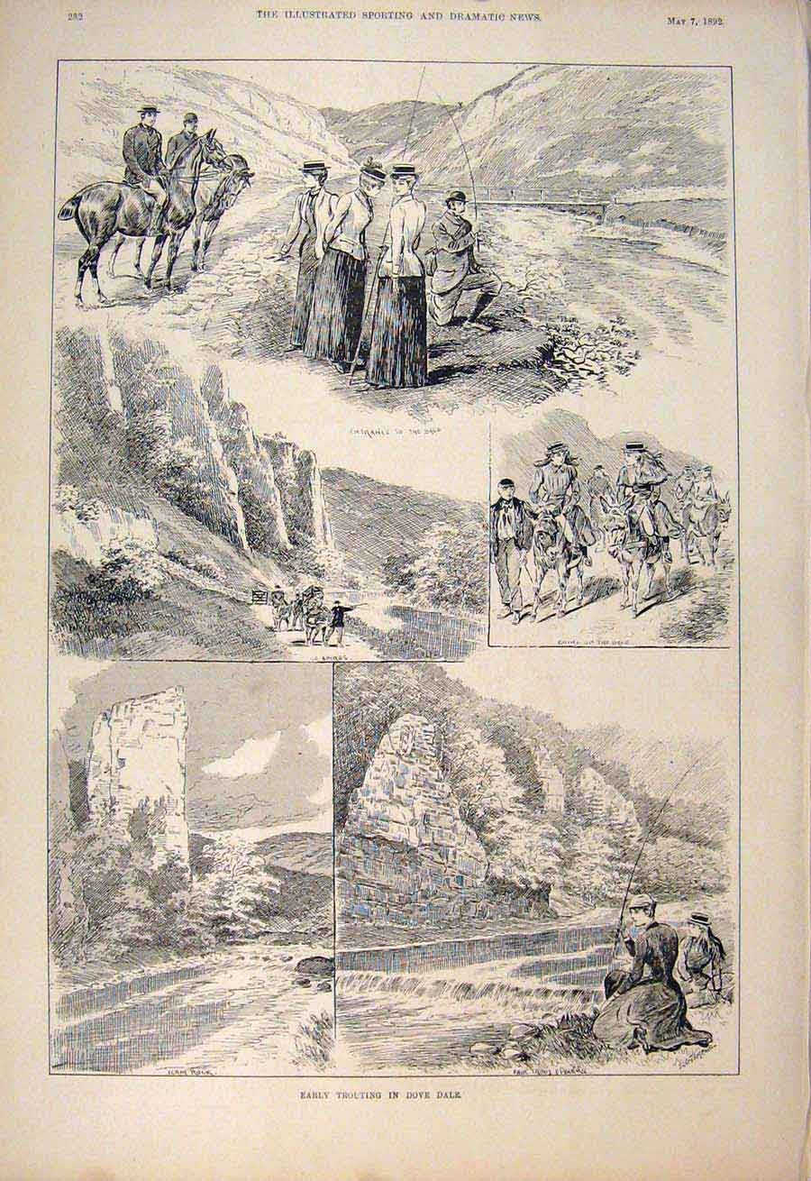 Original Old Antique Print Trouting Trout Fishing Dove Dale River Ilam Rock 1892