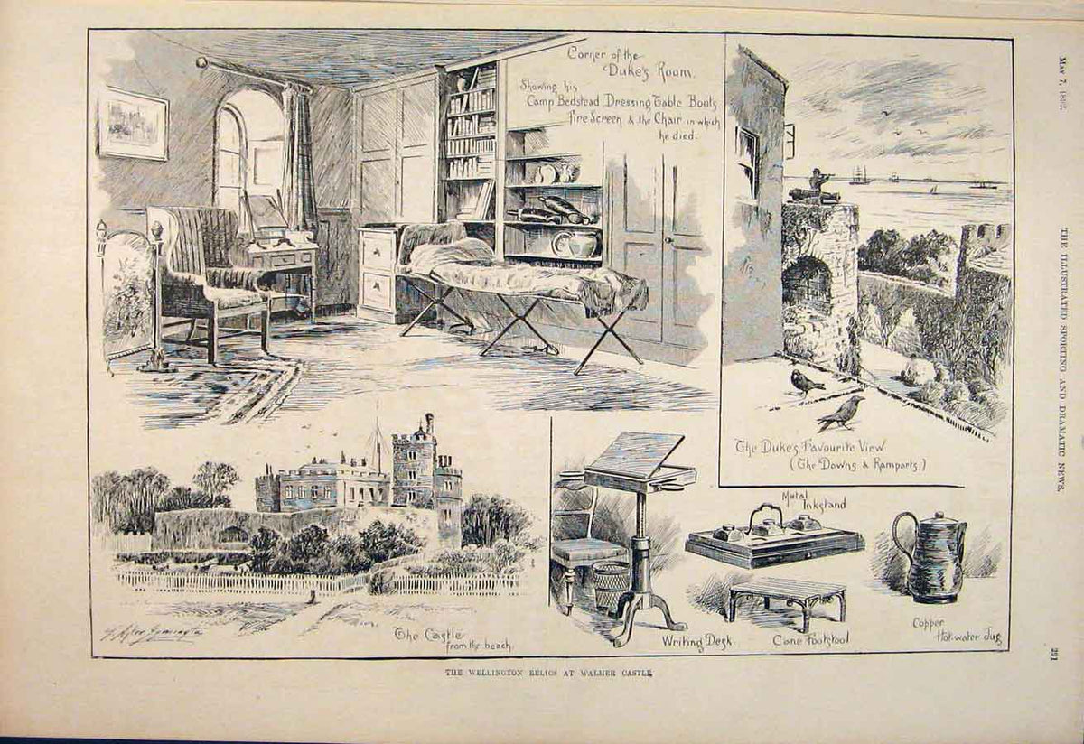 Original Old Antique Print Wellington Relics Walmer Castle Duke 1892 Victorian