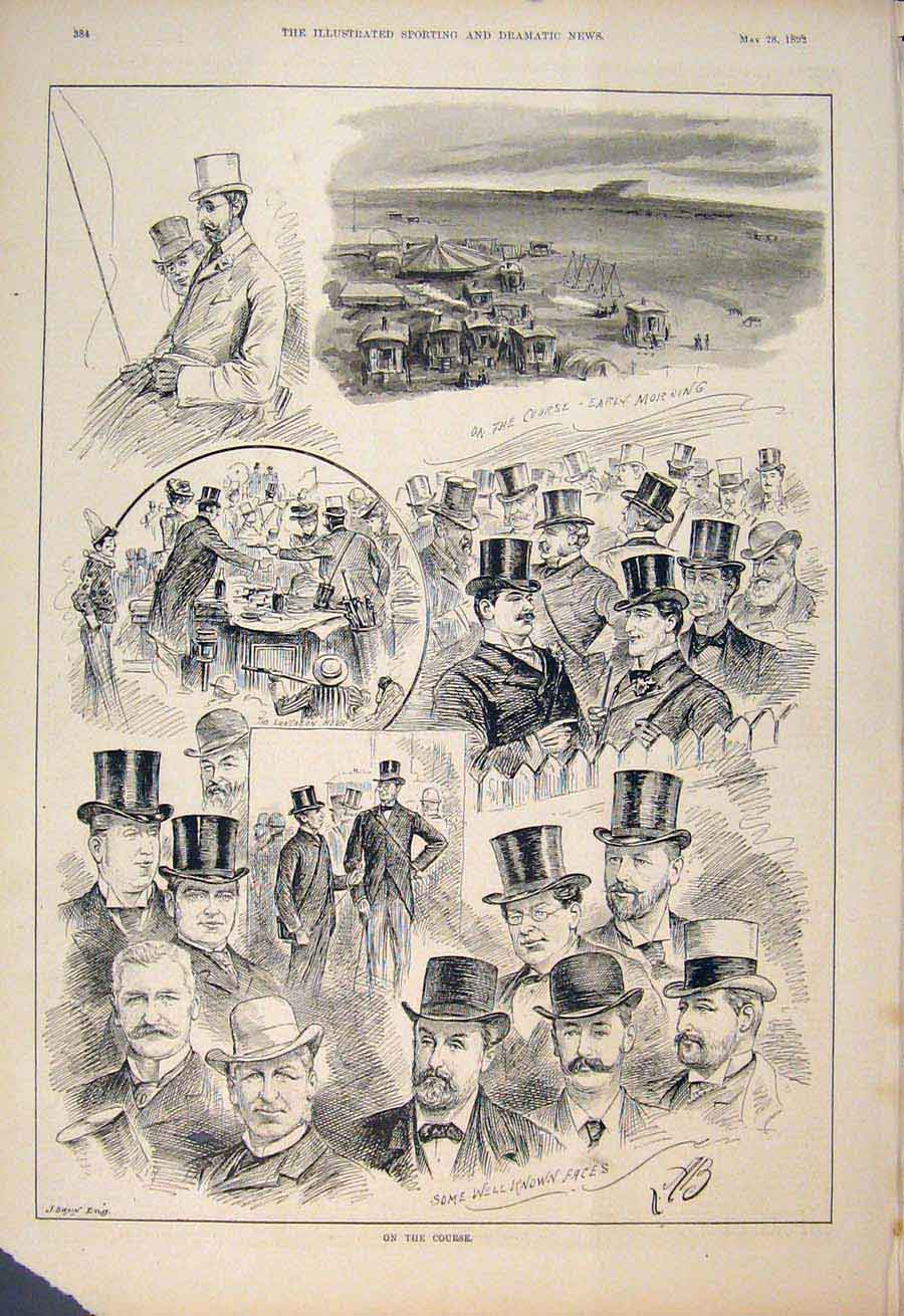 Original Old Antique Print Race Course Sketches Sketch 1892 Art 19th