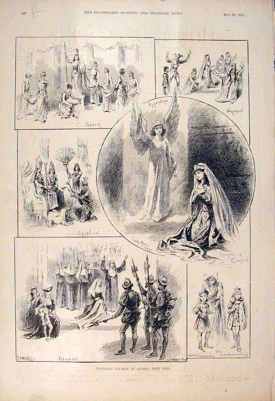 Old Antique Print Queen'S Gate Hall Tableaux Vivants Howard Parquet 1892 19th