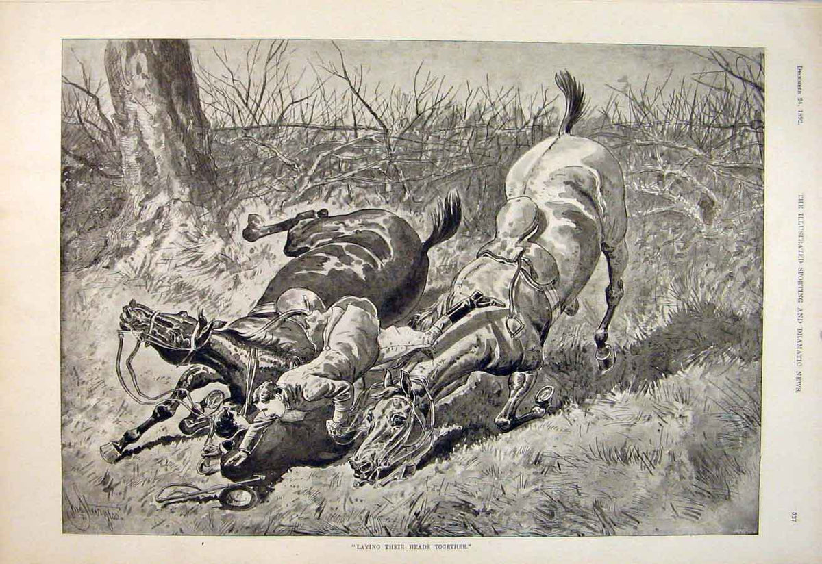 Original Old Antique Print Horse Race Jump Hurdle Accident Riding 1892 Victorian