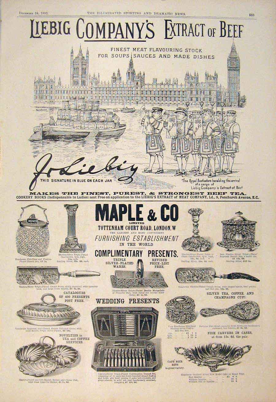 Original Old Antique Print Advert Advertisement Liebig Extract Beef Maple 1892