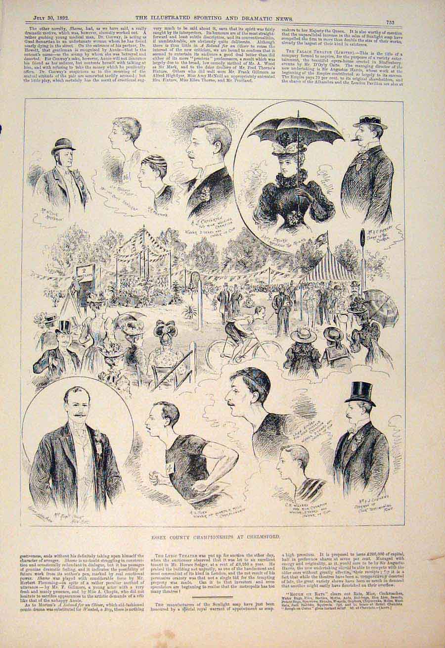 Original Old Antique Print Essex County Athletics Chelmsford Cycling Race 1892