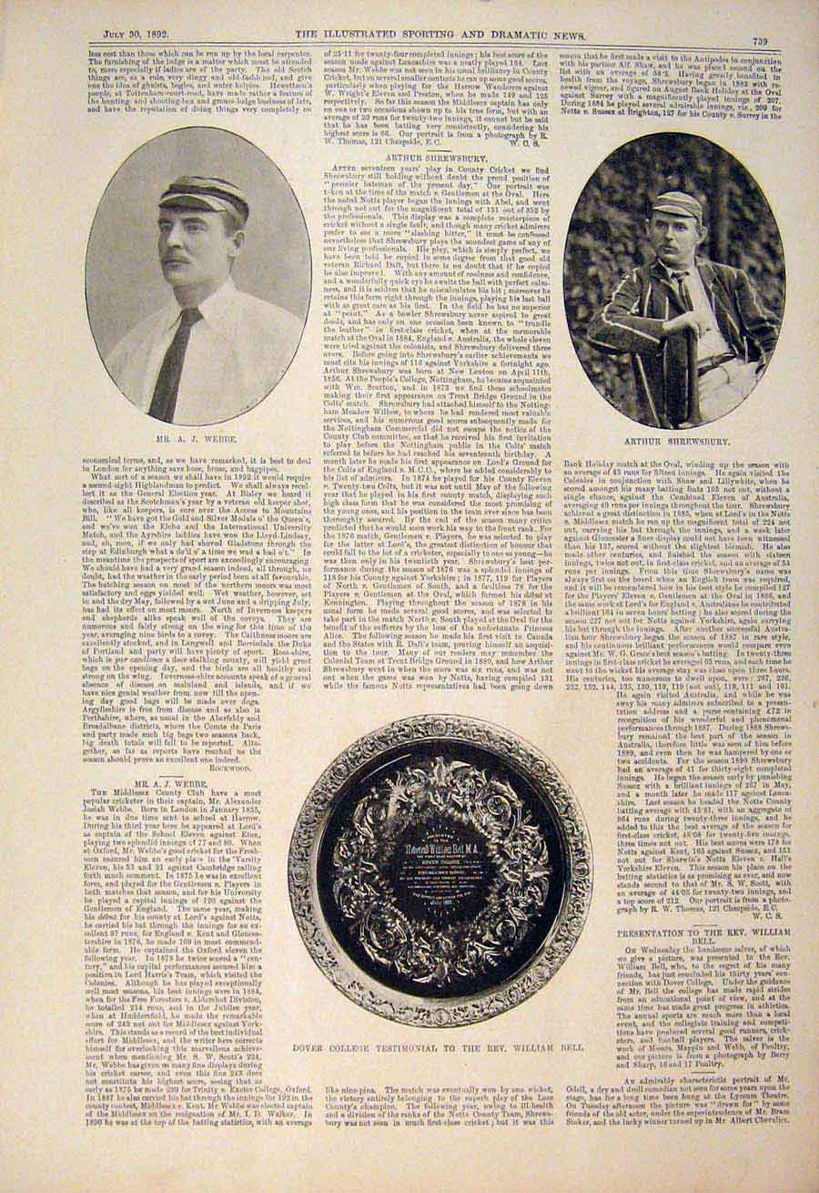 Original Old Antique Print Portrait Webbe Shrewsbury Dover College Bell Cricket