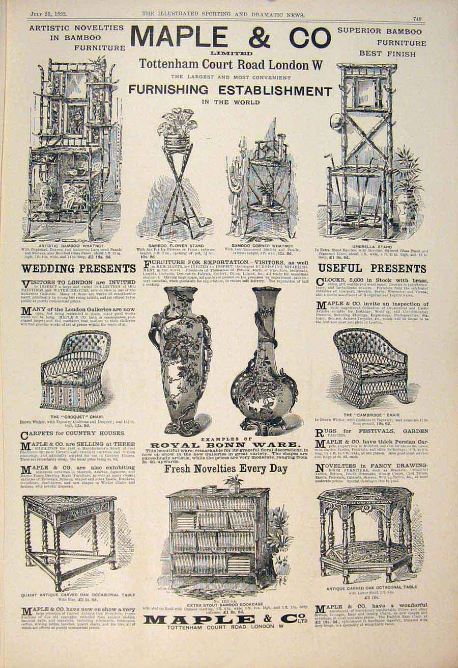 Old Antique Print Advert Advertisement Maple Co Furnishing Establishment
