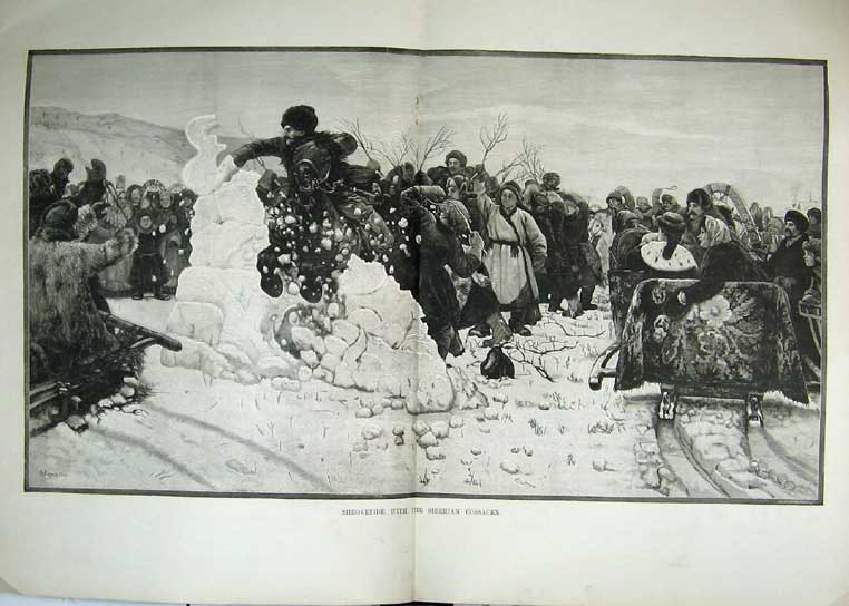 Original Old Antique Print Shrovetide Siberian Cossacks Siberia Shrove 1892