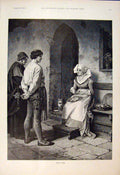 Original Old Antique Print Talk Lady Apples Man Gentleman Flowers Fine Art 1892