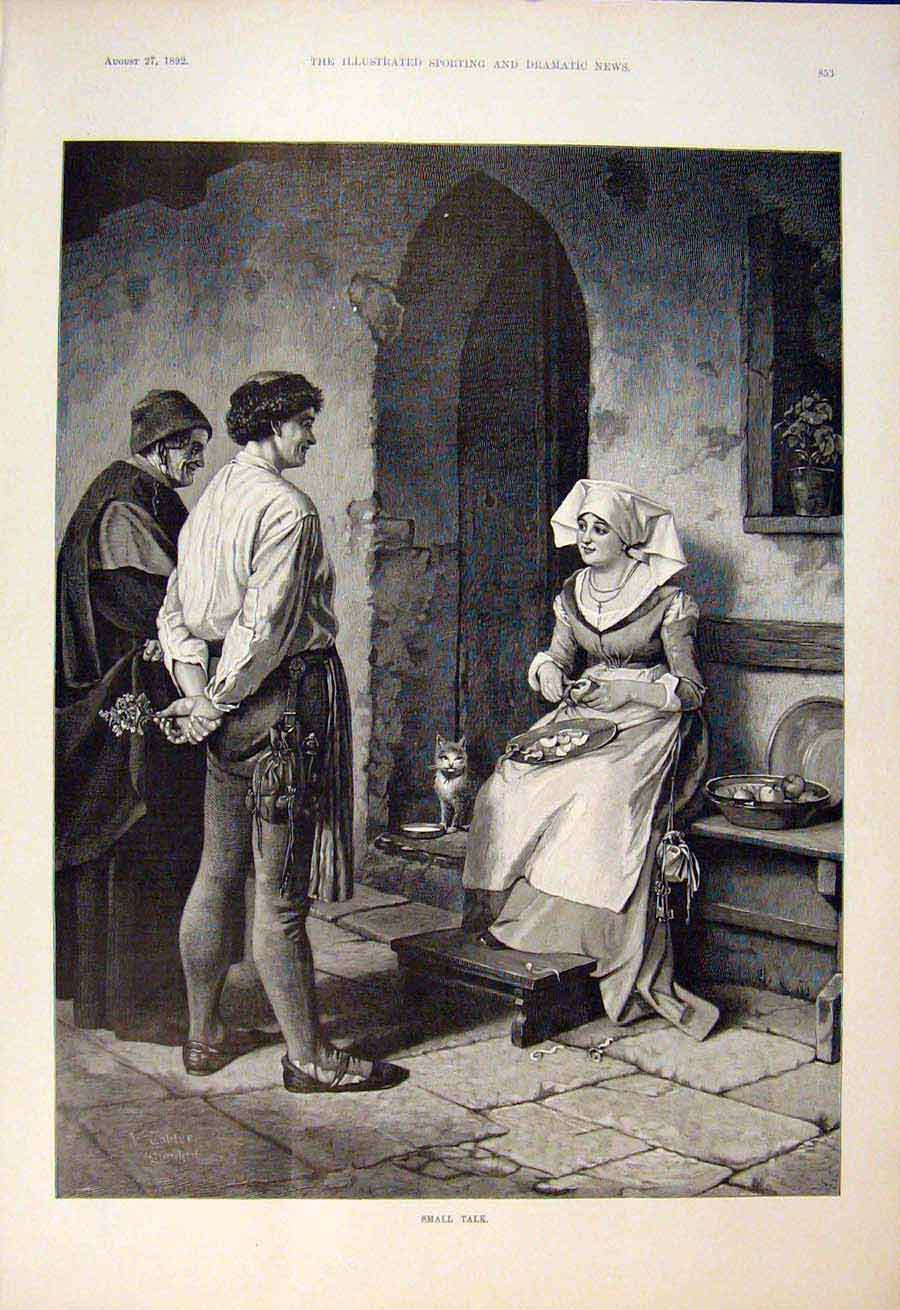 Original Old Antique Print Talk Lady Apples Man Gentleman Flowers Fine Art 1892