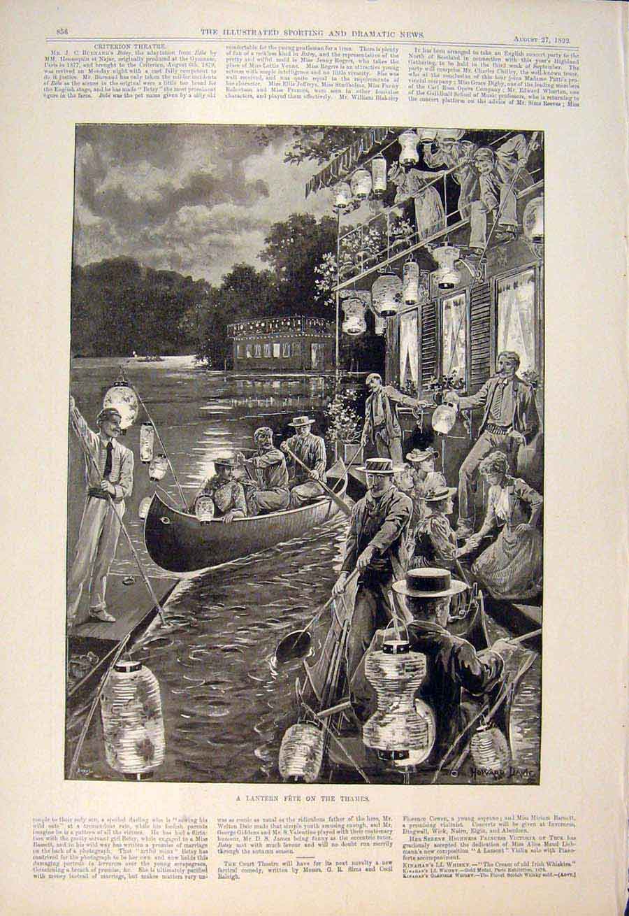Original Old Antique Print Lantern Fete Thames River London Boat Lanterns 1892