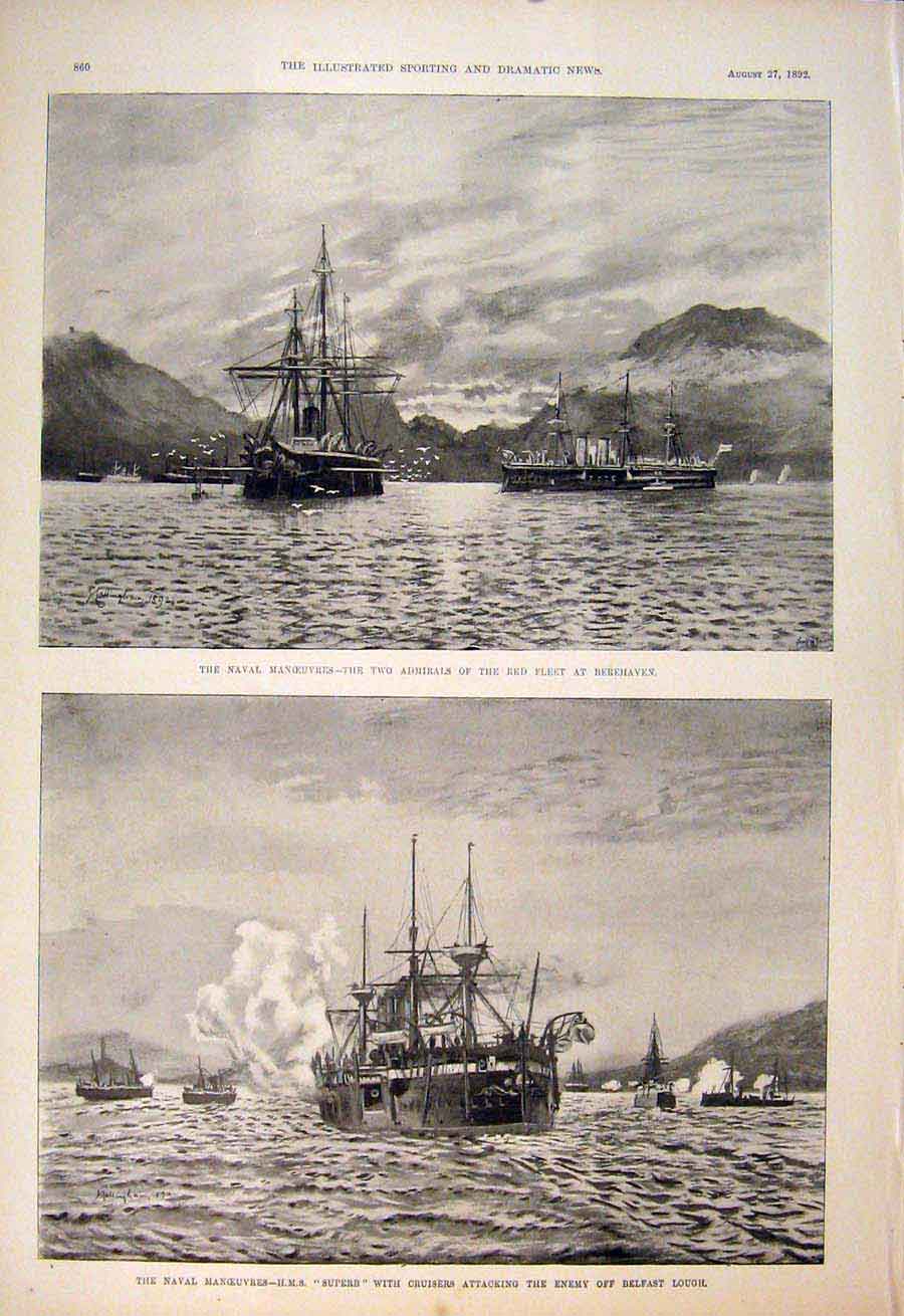 Old Antique Print Naval Manoeuvres Red Fleet Berehaven Hms Superb Belfast