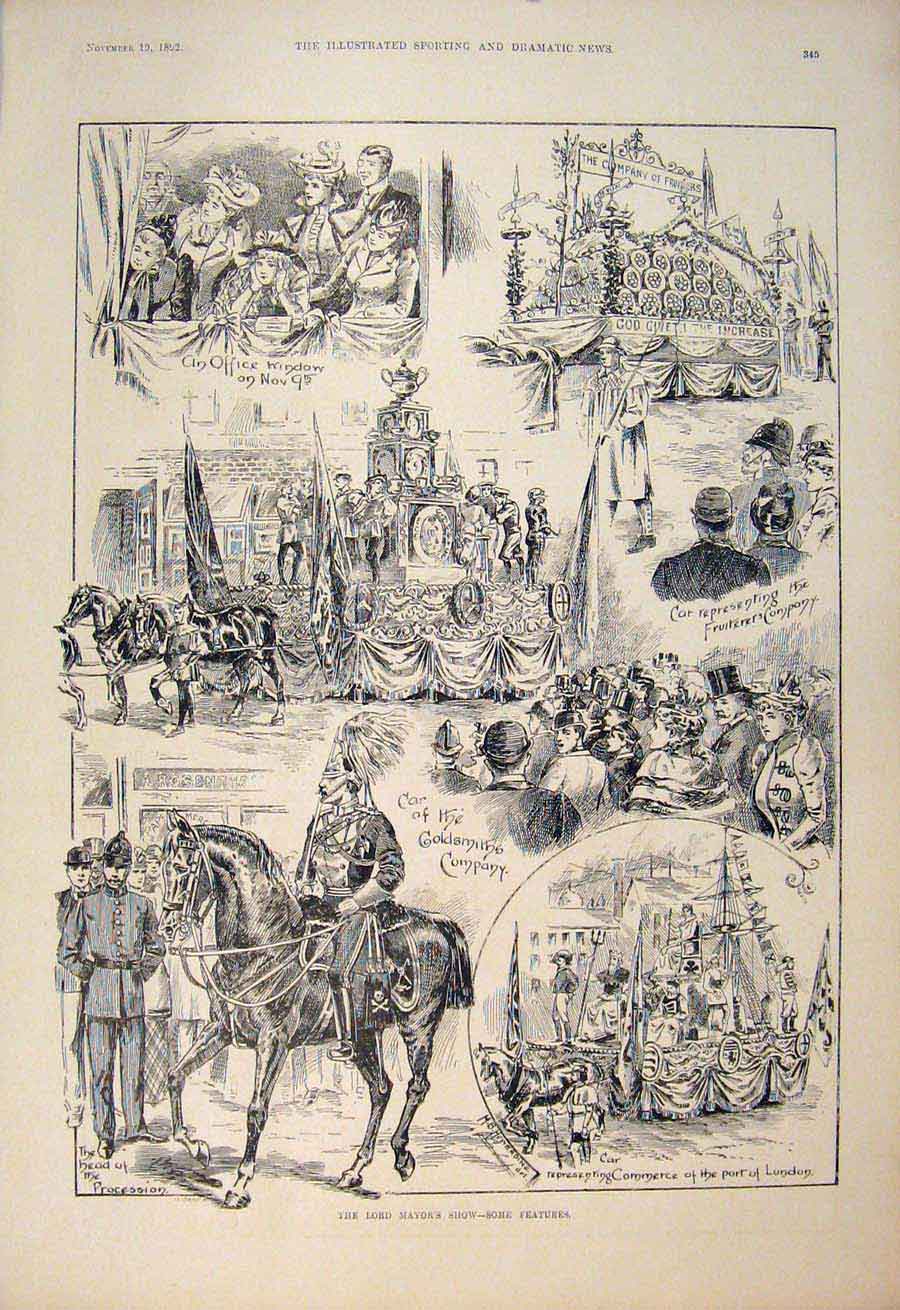 Original Old Antique Print Lord Mayor'S Show London Gsmith Fruiters 1892 19th