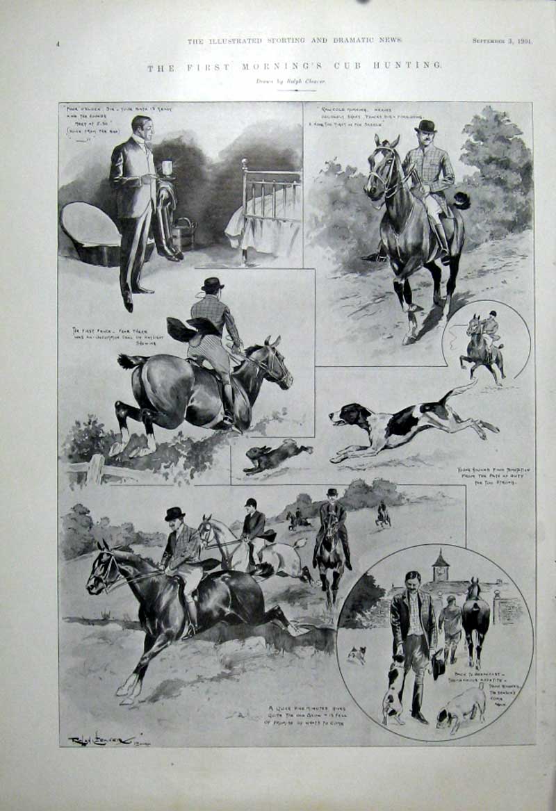 Original Old Antique Print First Mornings Cub Hunting 1904 20th Century