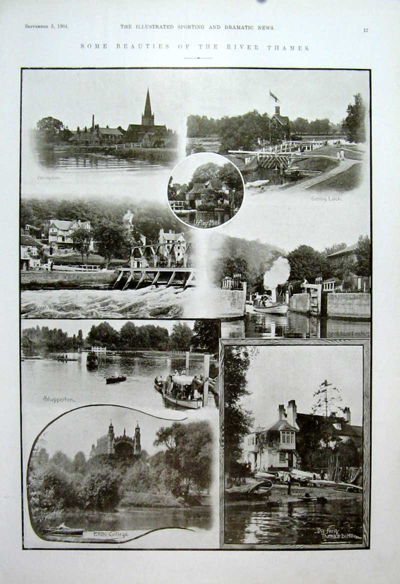Original Old Antique Print Some Beauties The River Thames 1904 20th Century