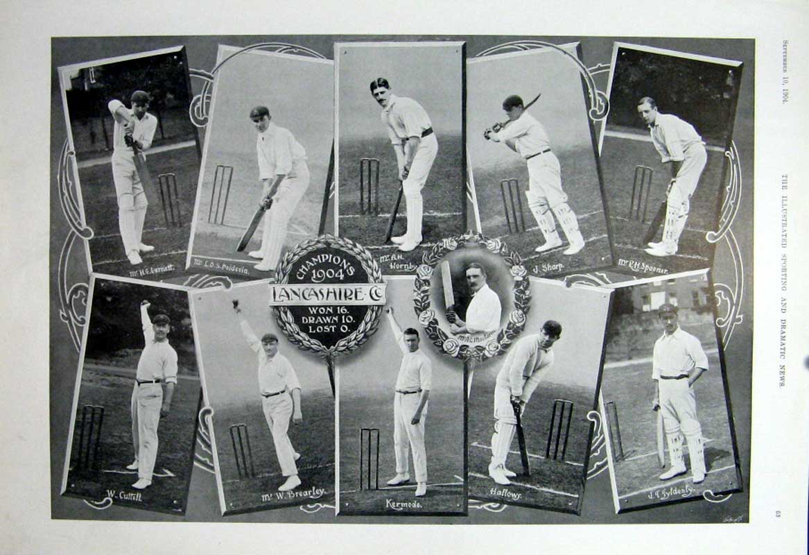 Old Antique Print 1904 Cricket Champion Lancshire Won 16 Drawn 10 Lost 0 20th