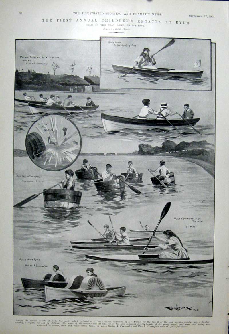 Original Old Antique Print First Annual Childrens Regatta At Ryde 1904 20th